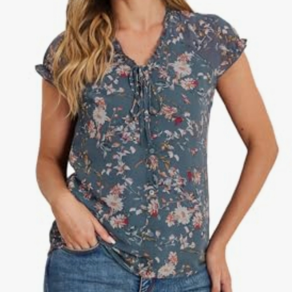 New Allegra K Women's Floral Blouse Short Cap Sleeve Chiffon Casual Summer Ruff